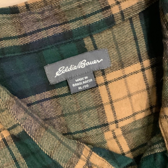 Vintage Eddie Bauer Green Tan XL Plaid Flannel Outdoor Costal Grandpa Alpine - Picture 3 of 7